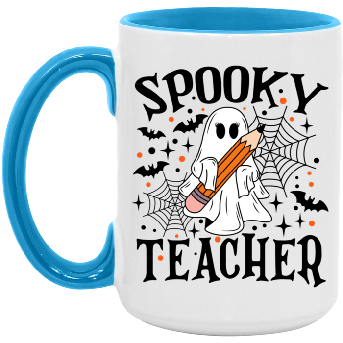 Spooky Teacher 15 oz ceramic coffee mug in White/Light Blue