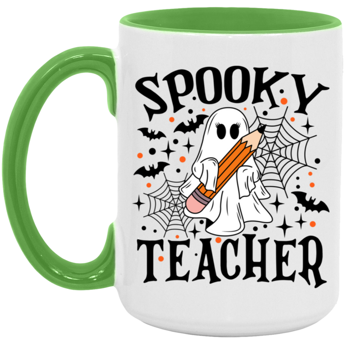 Spooky Teacher 15 oz ceramic coffee mug in White/Light Green
