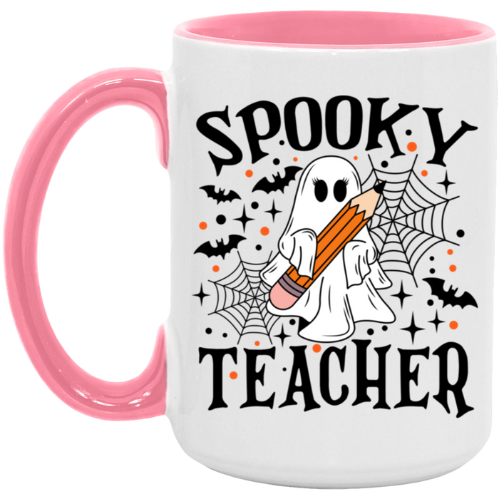 Spooky Teacher 15 oz ceramic coffee mug in White/Pink