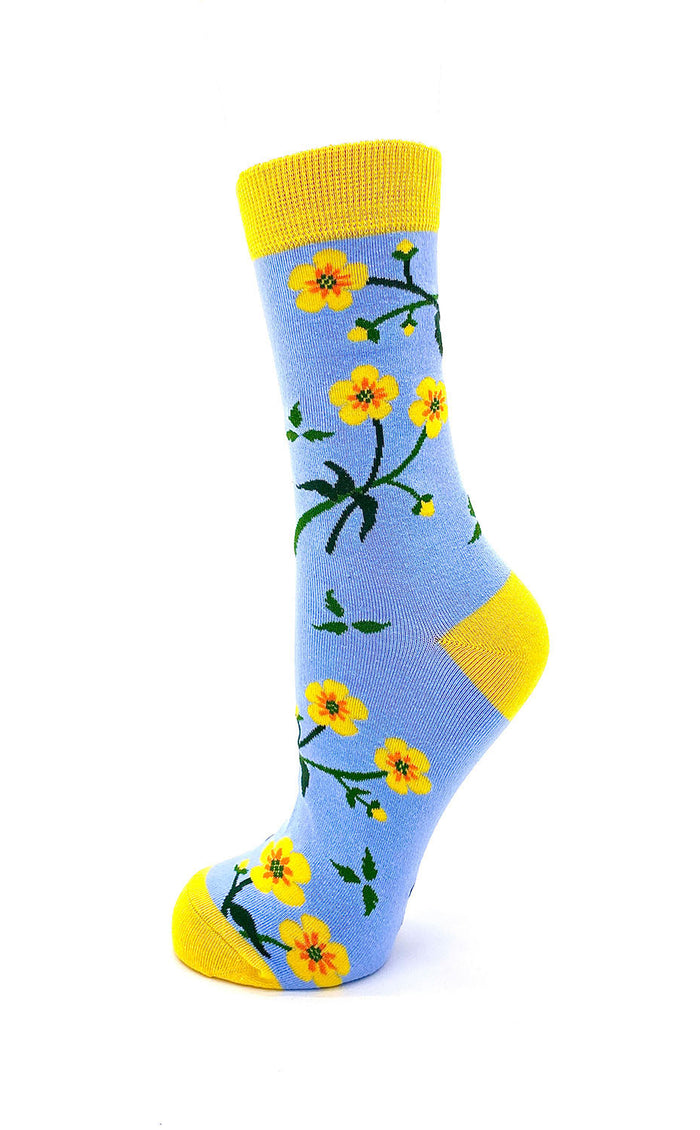 Suck It Up Buttercup women’s crew socks blue with yellow floral design