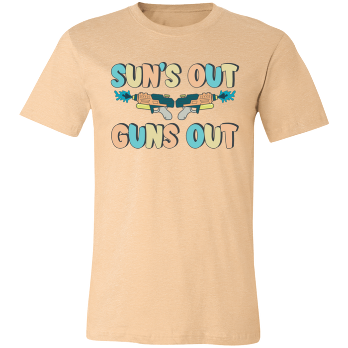 Sun's Out Guns Out Summer Pastels graphic t-shirt in Heather Sand Dune