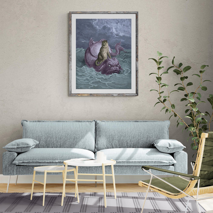 The Monkey and the Dolphin | Surreal Aesop's Fable Illustrated by Gustave Dore | Marine Life Nautical Wall Decor Fine Art Print