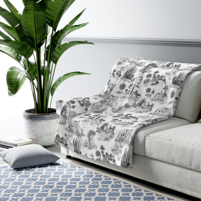 Toile de Jouy Black Fleece Lined Blanket