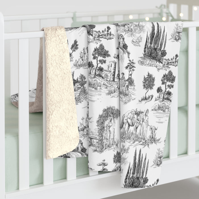 Toile de Jouy Black Fleece Lined Blanket