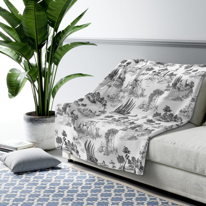 Toile de Jouy Black Fleece Lined Blanket
