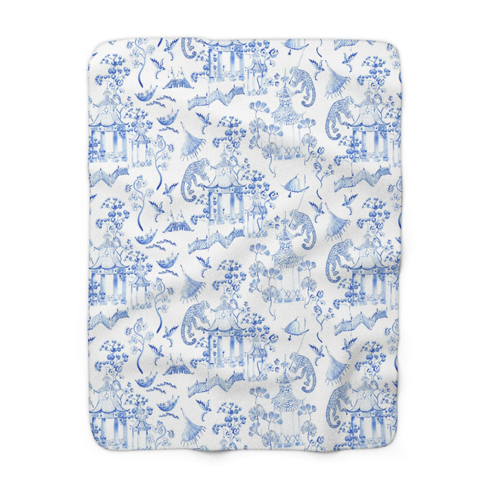 Toile de Jouy Blue Monkey Fleece Lined Blanket