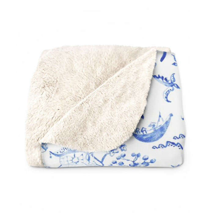 Toile de Jouy Blue Monkey Fleece Lined Blanket