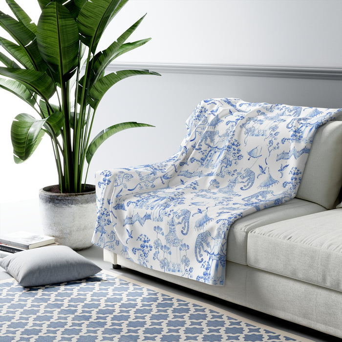 Toile de Jouy Blue Monkey Fleece Lined Blanket