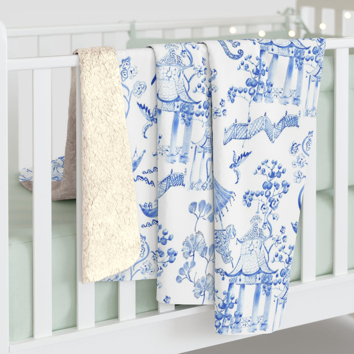 Toile de Jouy Blue Monkey Fleece Lined Blanket