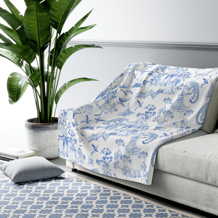 Toile de Jouy Blue Monkey Fleece Lined Blanket