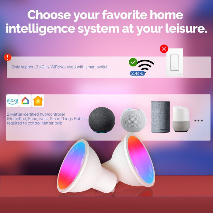 Tuya GU10 Matter WiFi Smart LED Bulb with Voice Control, Dimmable 5W Light 2700-6500K RGB Colors - MOES