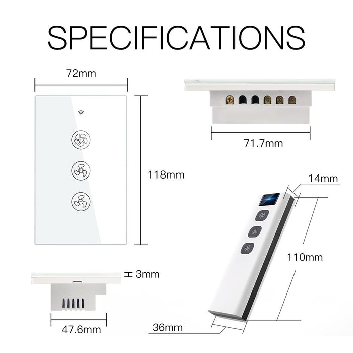 WiFi RF433 Smart Ceiling Fan Switch Smart Life/Tuya App Remote Control Compatible with Alexa Google Home US Black - Moes