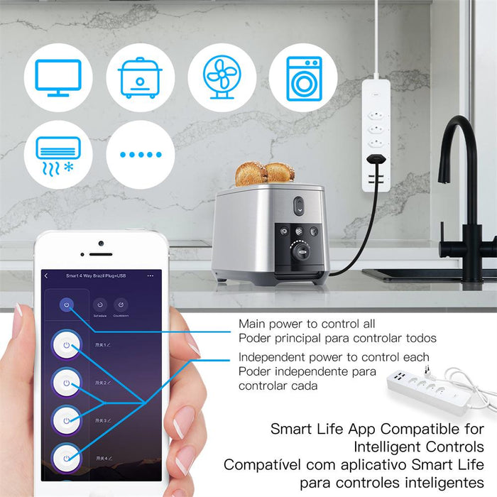 WiFi Brazil Smart Power Strip Surge Protector 4 Brazil Plug Outlets Electric Socket with 4 USB Type C Tuya Smart App Voice Remote Control by Alexa Google Home - Moes