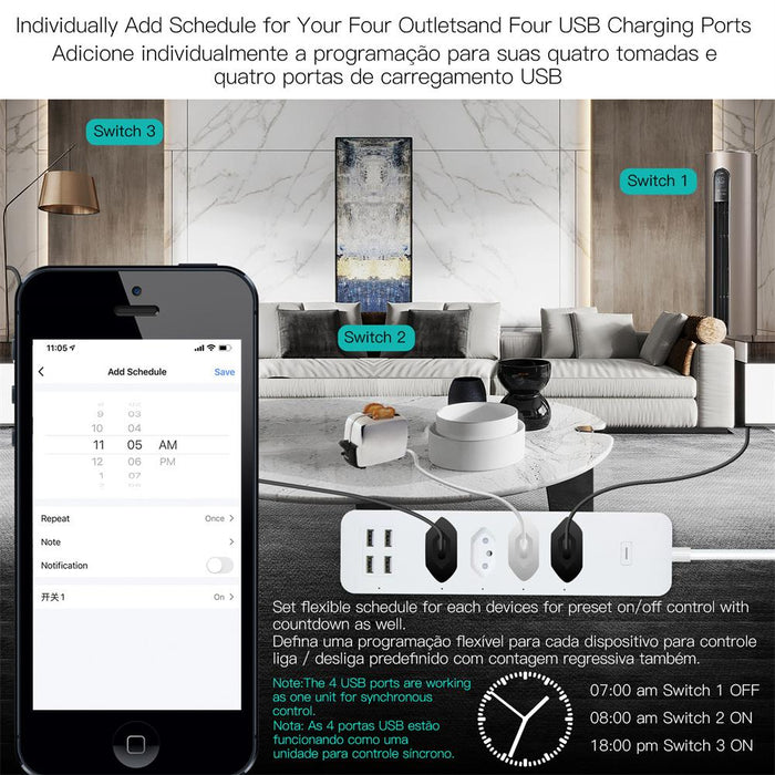 WiFi Brazil Smart Power Strip Surge Protector 4 Brazil Plug Outlets Electric Socket with 4 USB Type C Tuya Smart App Voice Remote Control by Alexa Google Home - Moes