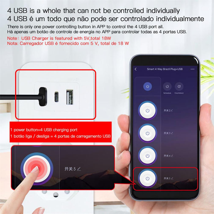 WiFi Brazil Smart Power Strip Surge Protector 4 Brazil Plug Outlets Electric Socket with 4 USB Type C Tuya Smart App Voice Remote Control by Alexa Google Home - Moes