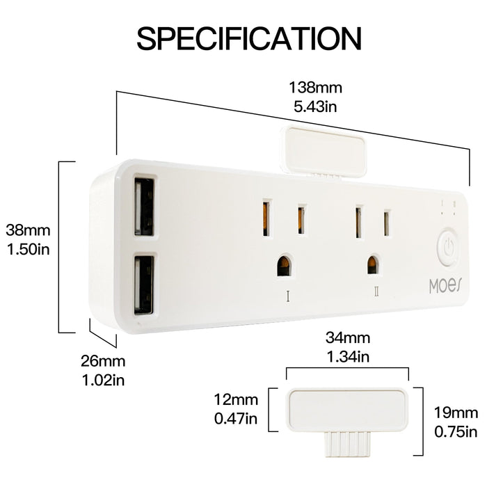 Wi-Fi Tuya Smart US Outlet Extender Multi Plug Socket Outlet Shelf with 2 Electrical Outlet Splitter Wall Plug Expander and 2 USB for Home Dorm with Relay Status and Light Mode Adjustable Smart Life APP Control Works with Alexa Google - Moes